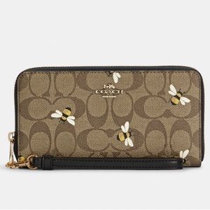 Coach Long Zip Around Wallet In Signature Canvas With Bee Print